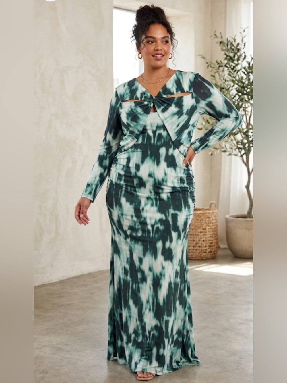 (NWT)BOLD Element Green & White Long sleeve Plus-Size Tye-Dye Pattern Maxi Dress